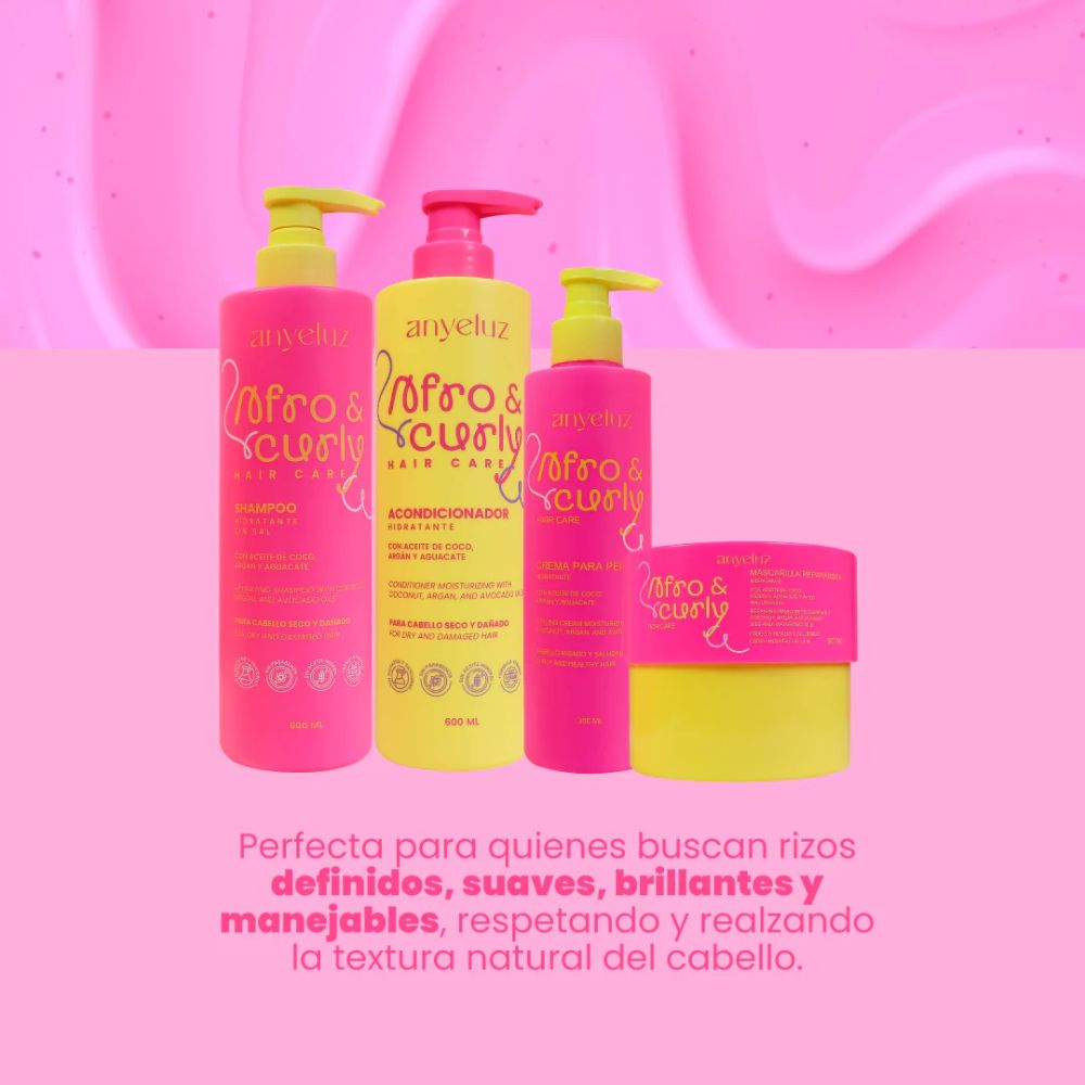 ANYELUZ KIT AFRO & CURLY - Shampoo, Acondicionador, Crema para peinar y Mascarilla capilar (4 pack)